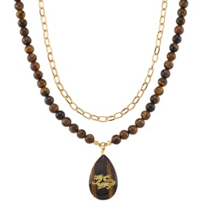 Tigers Eye 250.00 ctw Drop Pendant with Beaded and Paper Clip Chain Necklace 18-20 Inches in Godltone