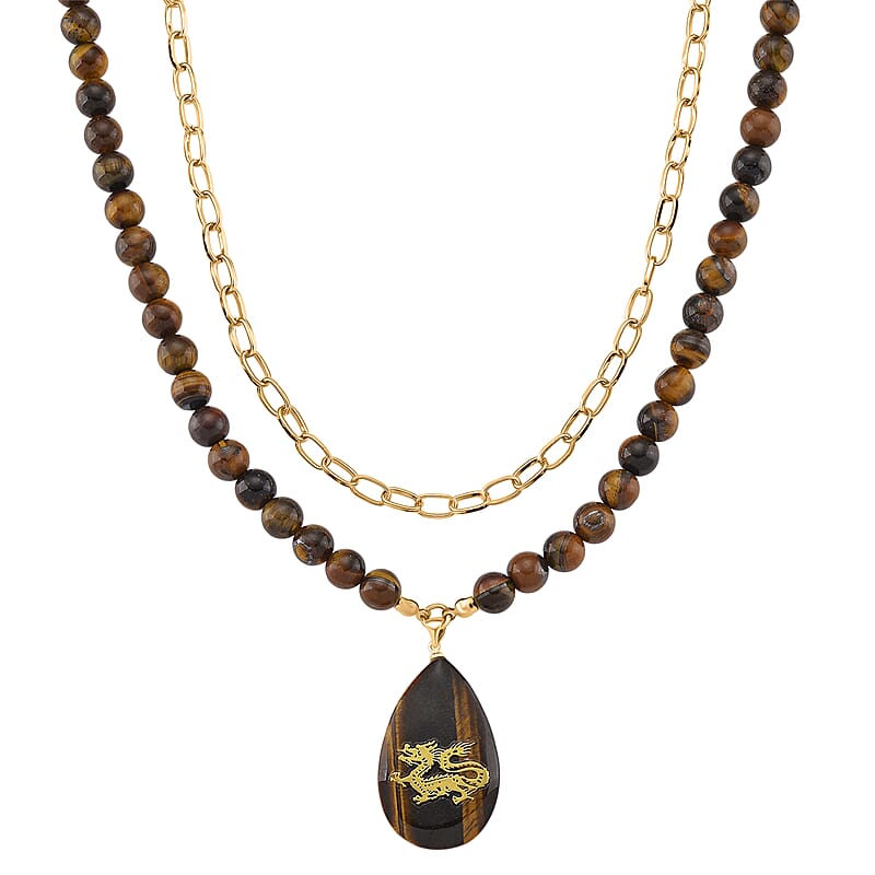 Tigers Eye 250.00 ctw Drop Pendant with Beaded and Paper Clip Chain Necklace 18-20 Inches in Godltone