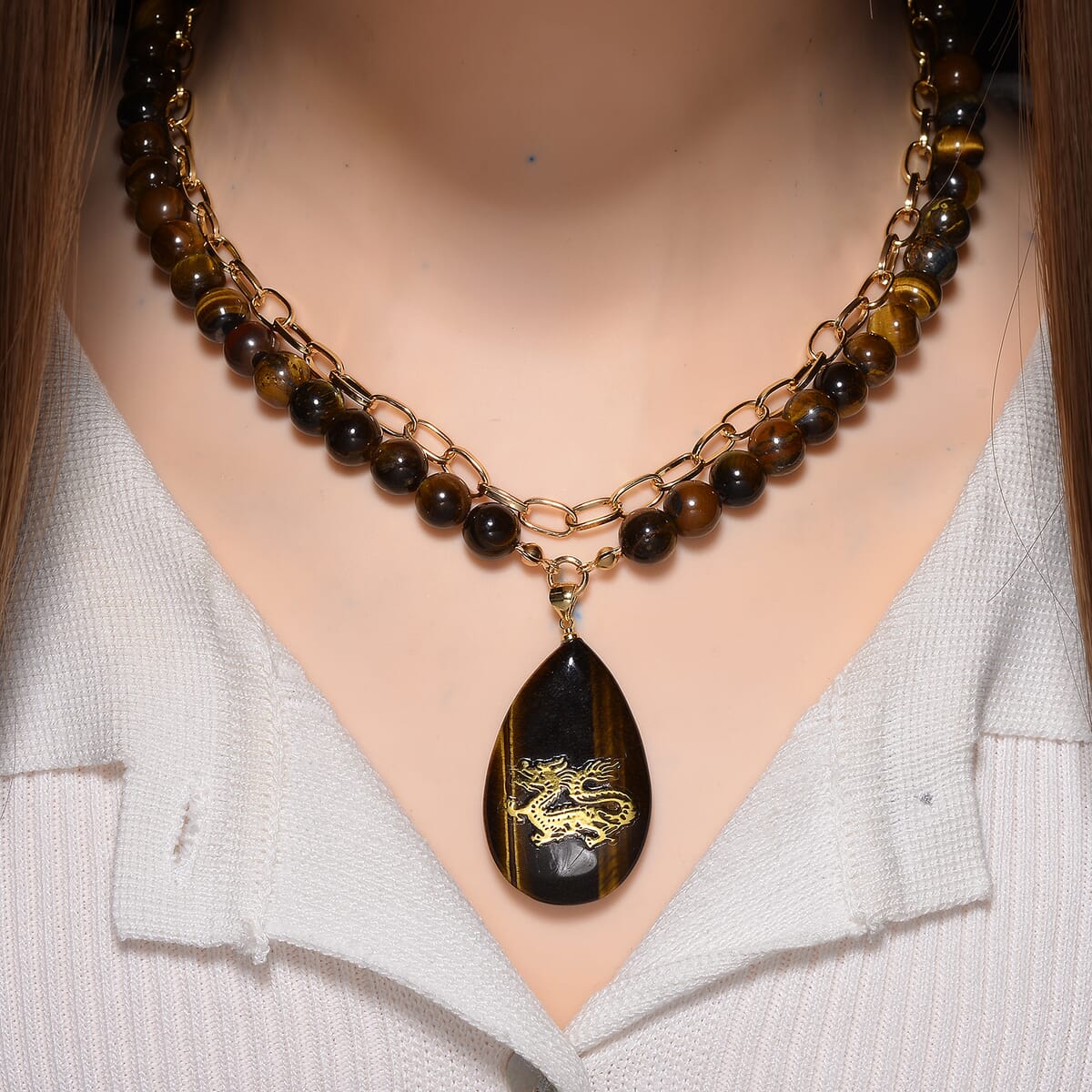 Tigers Eye 250.00 ctw Drop Pendant with Beaded and Paper Clip Chain Necklace 18-20 Inches in Godltone image number 1
