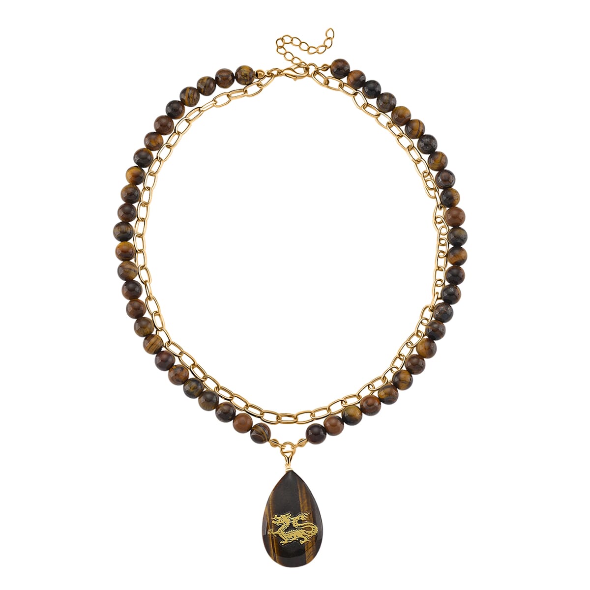 Tigers Eye 250.00 ctw Drop Pendant with Beaded and Paper Clip Chain Necklace 18-20 Inches in Godltone image number 2