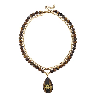 Tigers Eye 250.00 ctw Drop Pendant with Beaded and Paper Clip Chain Necklace 18-20 Inches in Godltone