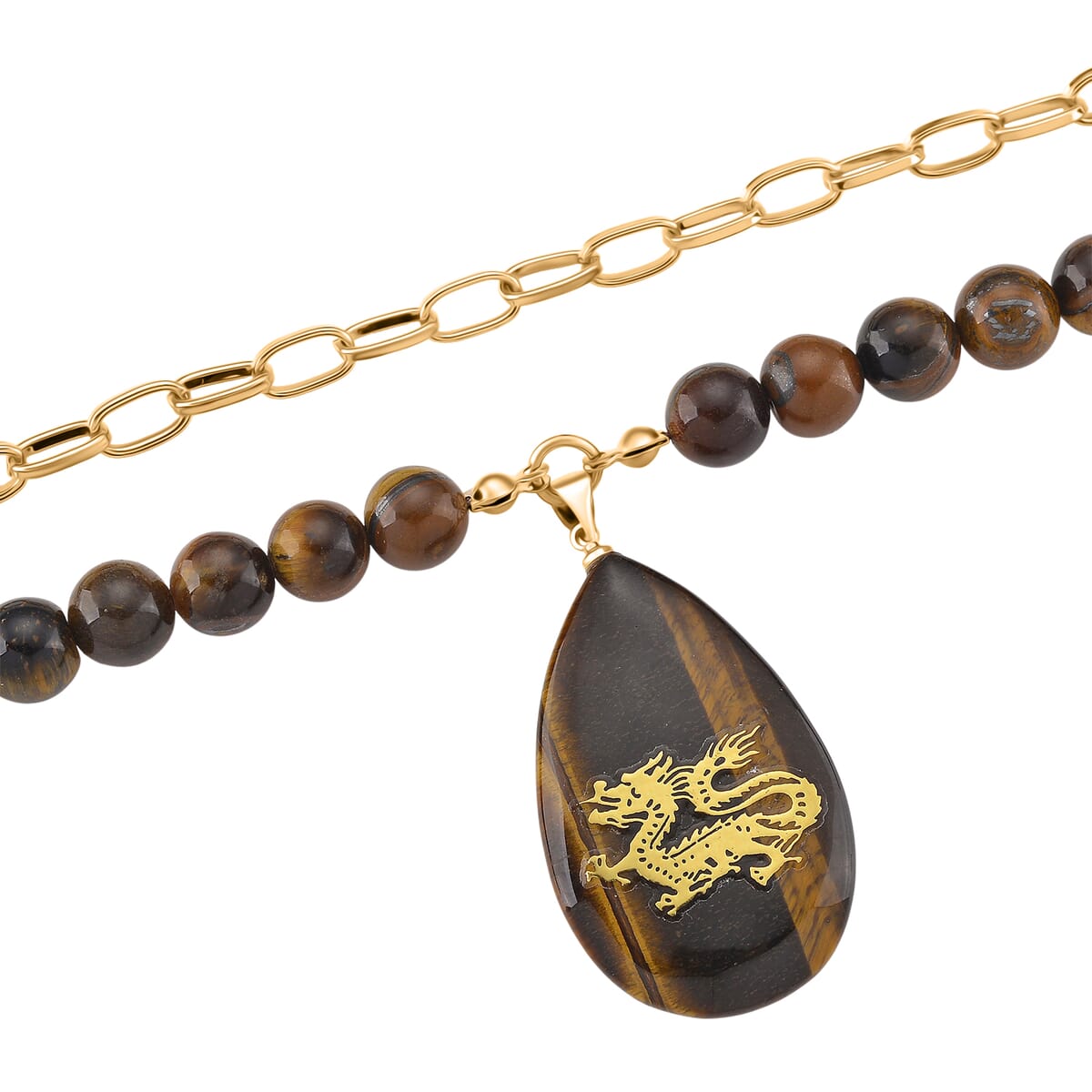 Tigers Eye 250.00 ctw Drop Pendant with Beaded and Paper Clip Chain Necklace 18-20 Inches in Godltone image number 3