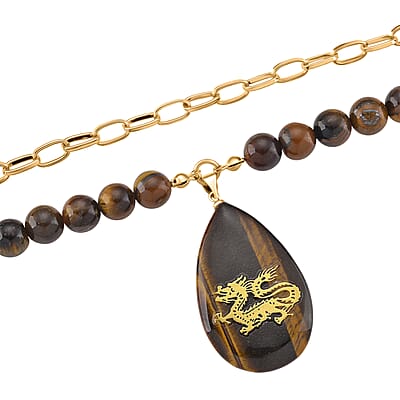 Tigers Eye 250.00 ctw Drop Pendant with Beaded and Paper Clip Chain Necklace 18-20 Inches in Godltone