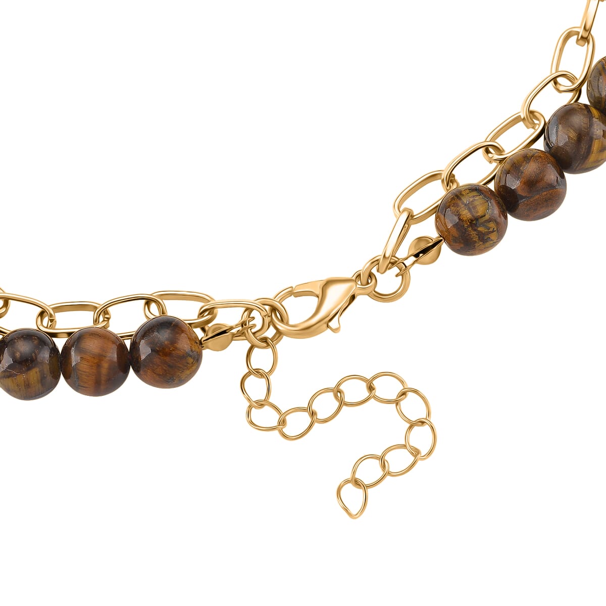 Tigers Eye 250.00 ctw Drop Pendant with Beaded and Paper Clip Chain Necklace 18-20 Inches in Godltone image number 4