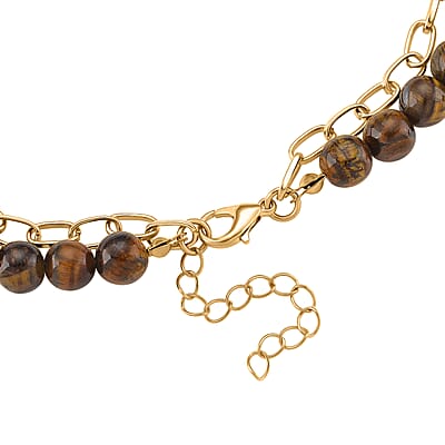 Tigers Eye 250.00 ctw Drop Pendant with Beaded and Paper Clip Chain Necklace 18-20 Inches in Godltone