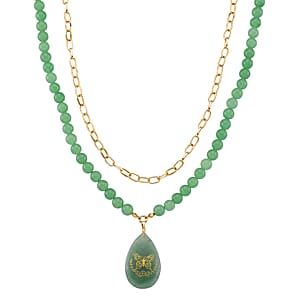 Green Aventurine 250.00 ctw Drop Pendant with Beaded and Paper Clip Chain Necklace (18-20 Inches) in Godltone