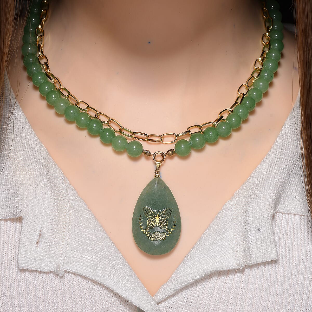 Green Aventurine 250.00 ctw Drop Pendant with Beaded and Paper Clip Chain Necklace (18-20 Inches) in Godltone image number 1