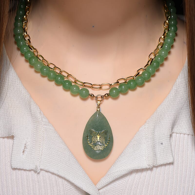 Green Aventurine 250.00 ctw Drop Pendant with Beaded and Paper Clip Chain Necklace (18-20 Inches) in Godltone