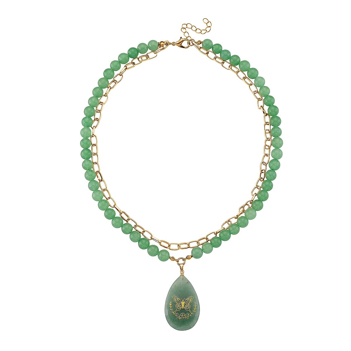 Green Aventurine 250.00 ctw Drop Pendant with Beaded and Paper Clip Chain Necklace (18-20 Inches) in Godltone image number 2
