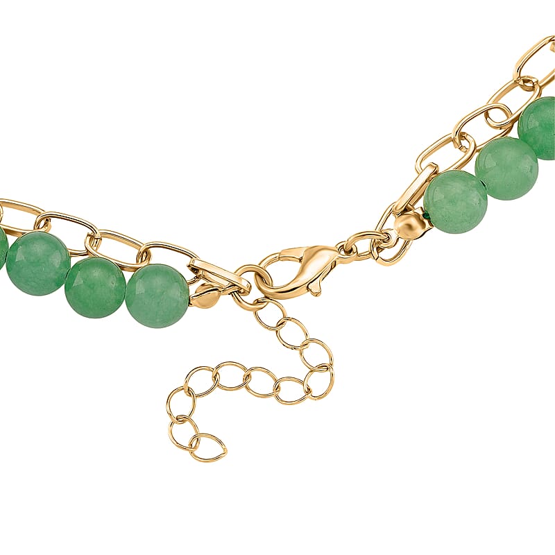 Green Aventurine 250.00 ctw Drop Pendant with Beaded and Paper Clip Chain Necklace (18-20 Inches) in Godltone