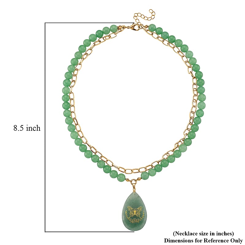 Green Aventurine 250.00 ctw Drop Pendant with Beaded and Paper Clip Chain Necklace (18-20 Inches) in Godltone