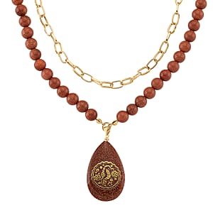 Gold Sandstone 250.00 ctw Drop Pendant with Beaded and Paper Clip Chain Necklace 18-20 Inches in Godltone