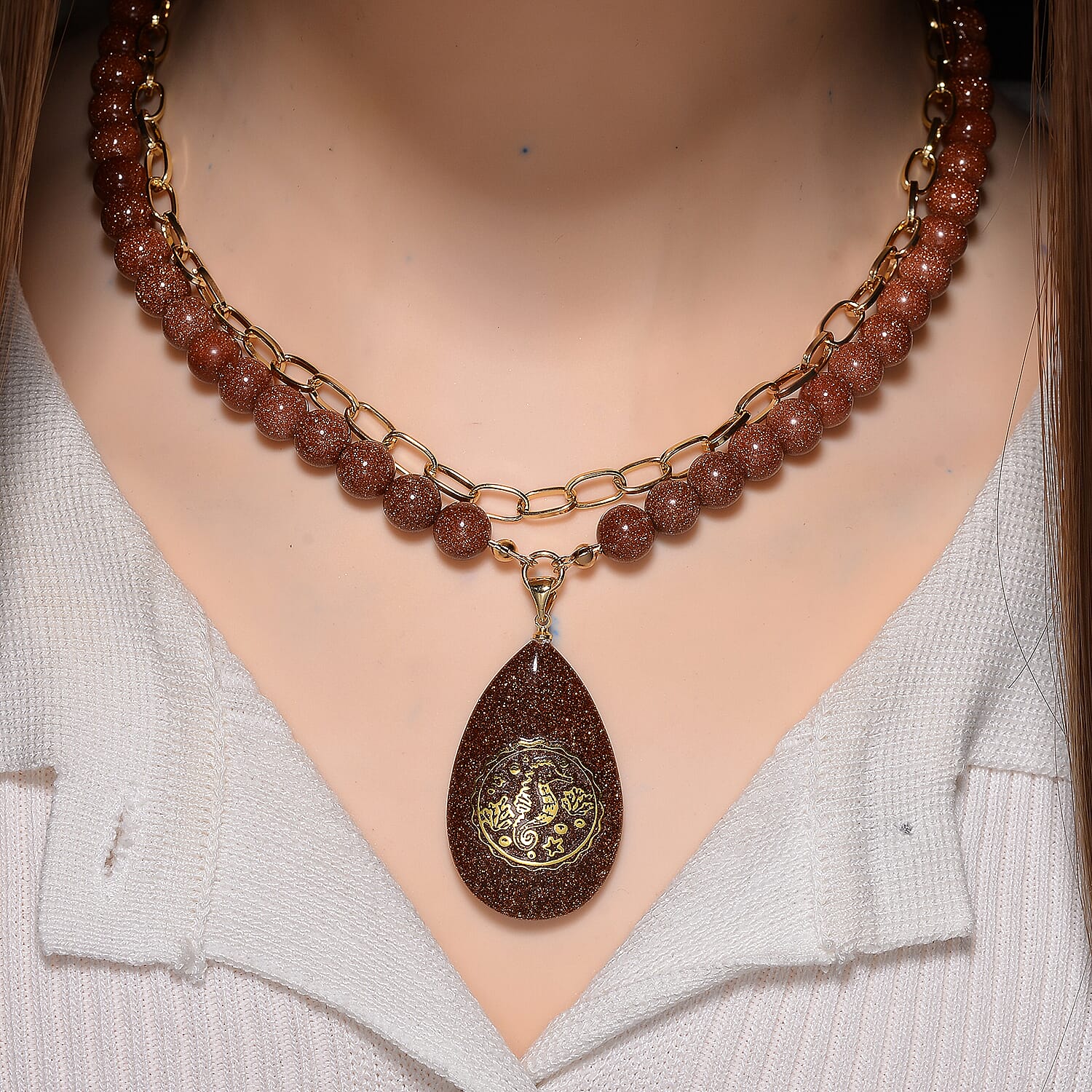 Gold Sandstone 250.00 ctw Drop Pendant with Beaded and Paper Clip Chain Necklace 18-20 Inches in Godltone