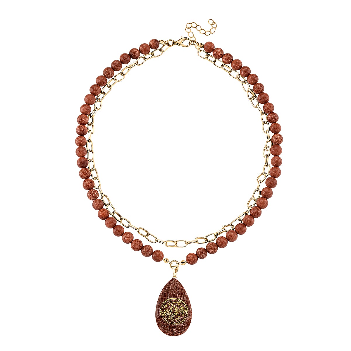 Gold Sandstone 250.00 ctw Drop Pendant with Beaded and Paper Clip Chain Necklace 18-20 Inches in Godltone image number 2