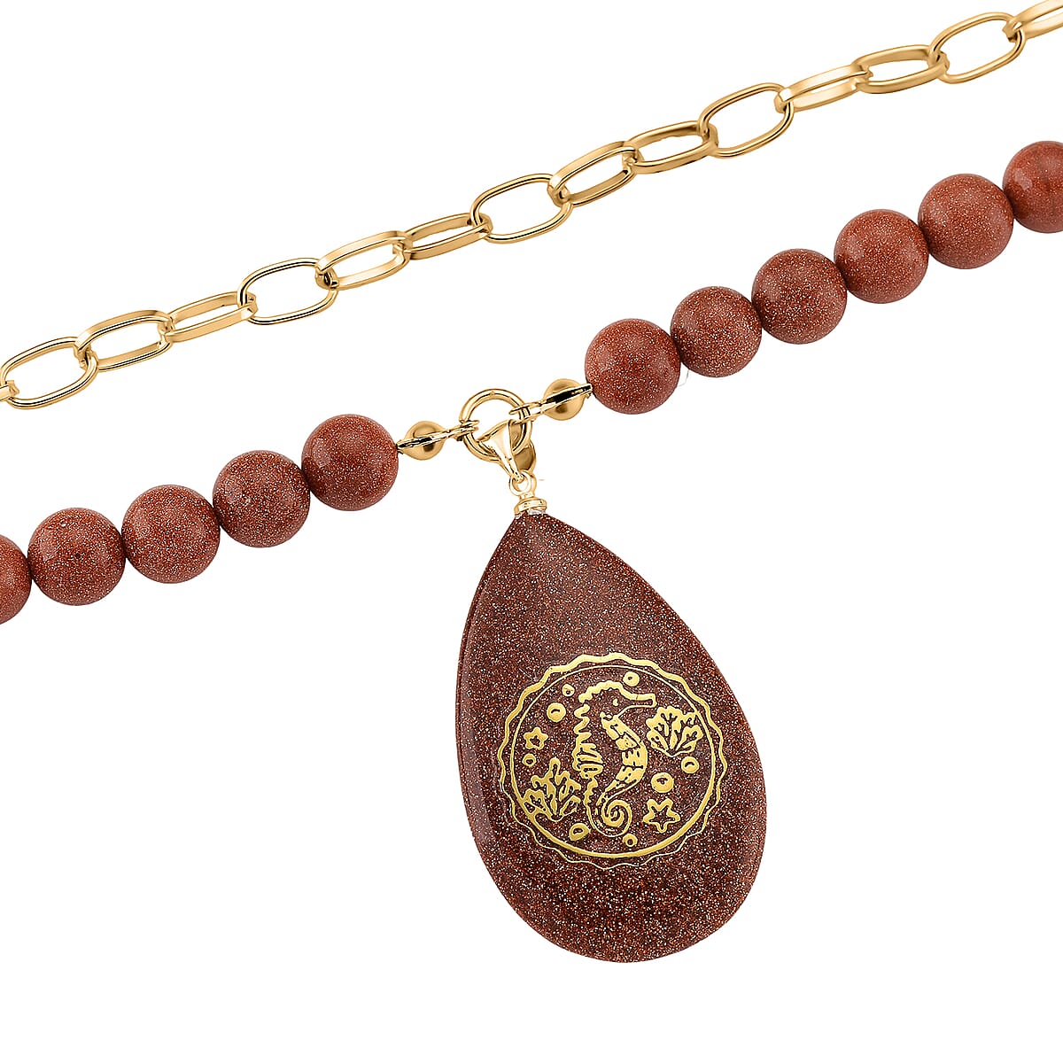 Gold Sandstone 250.00 ctw Drop Pendant with Beaded and Paper Clip Chain Necklace 18-20 Inches in Godltone image number 3