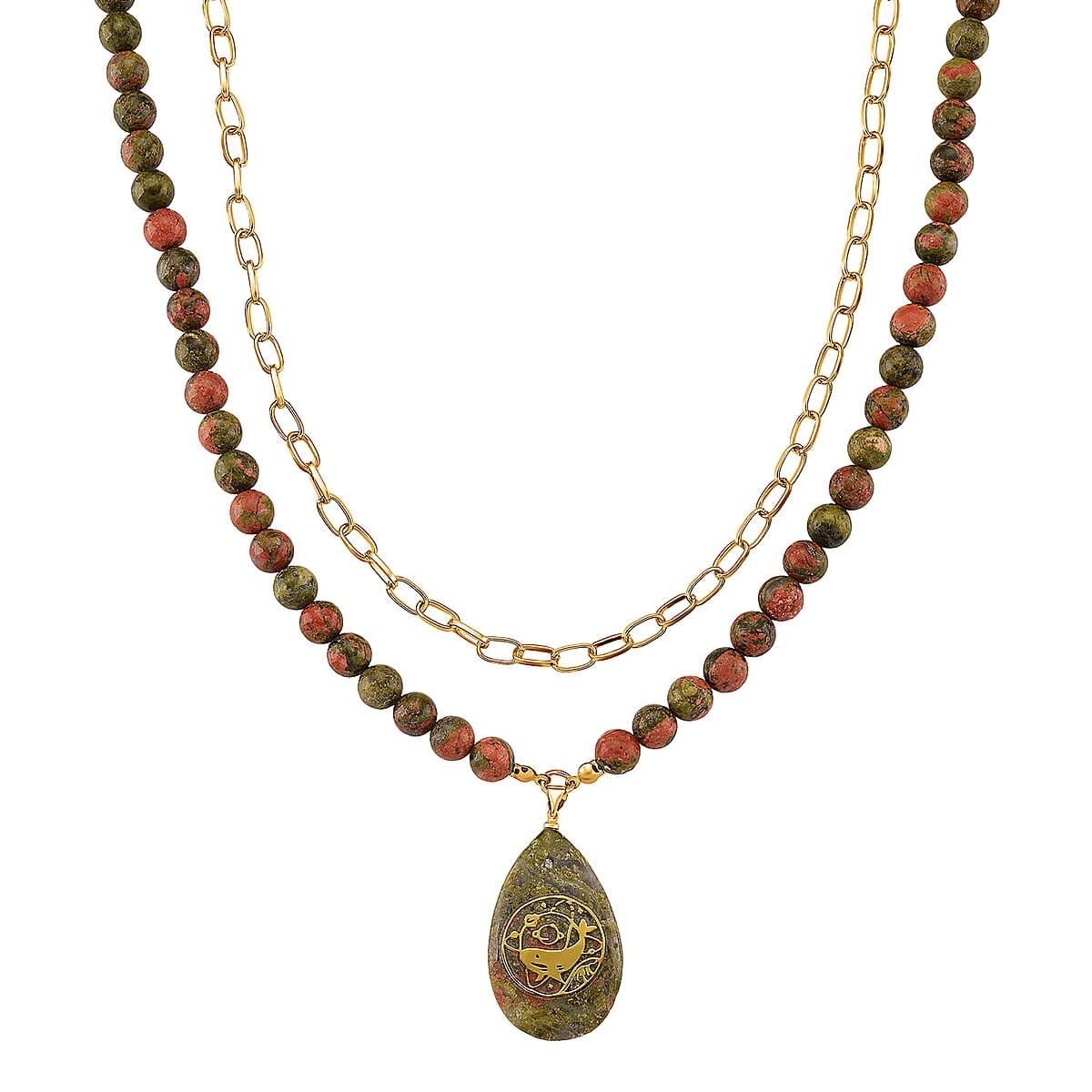 Unakite 250.00 ctw Drop Pendant with Beaded and Paper Clip Chain Necklace (18-20 Inches) in Godltone image number 0