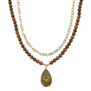 Unakite 250.00 ctw Drop Pendant with Beaded and Paper Clip Chain Necklace (18-20 Inches) in Godltone