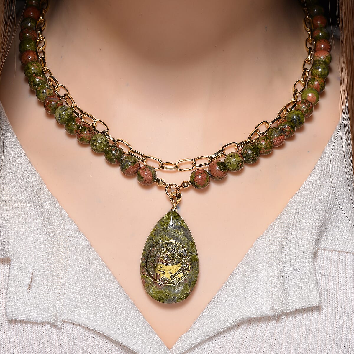 Unakite 250.00 ctw Drop Pendant with Beaded and Paper Clip Chain Necklace (18-20 Inches) in Godltone image number 1