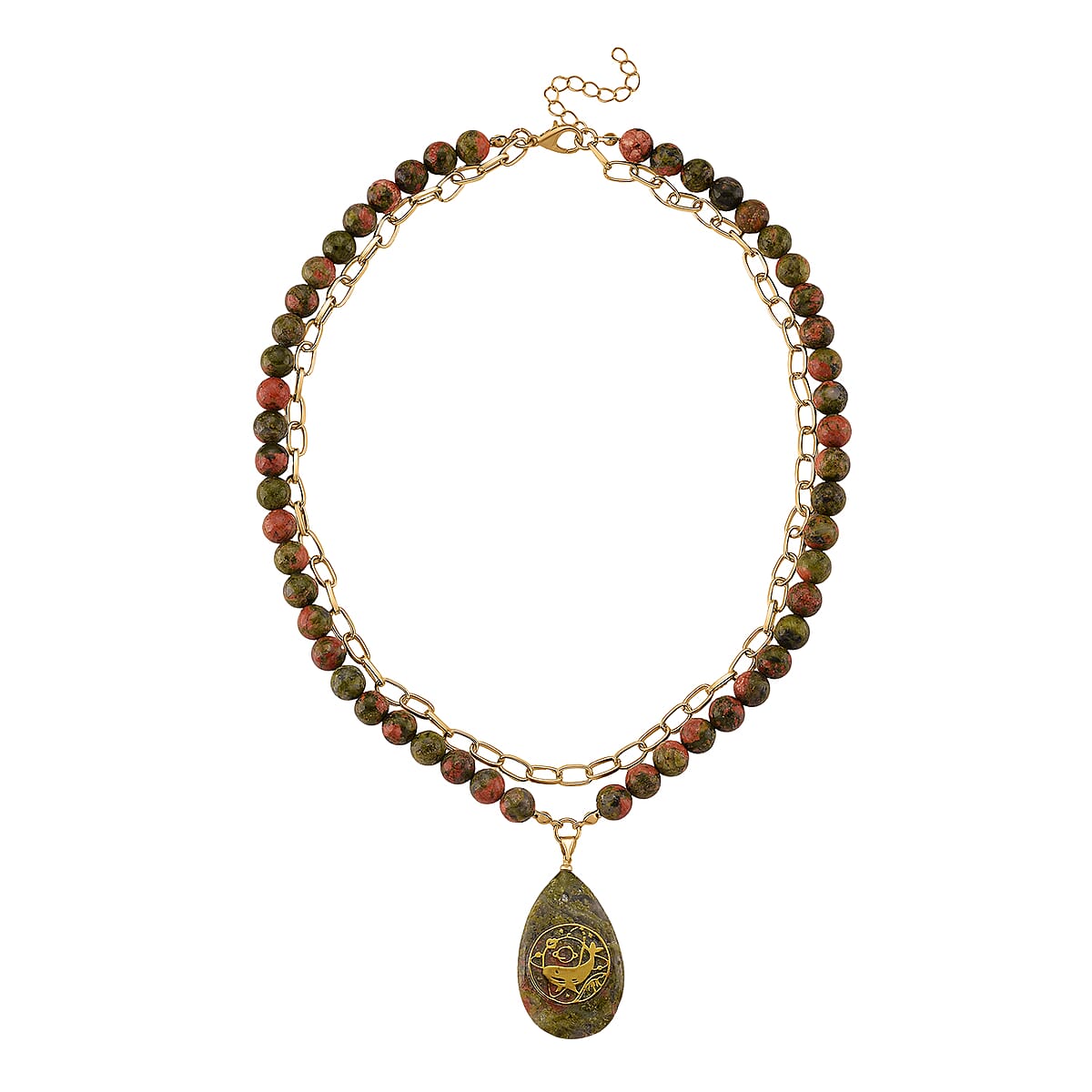 Unakite 250.00 ctw Drop Pendant with Beaded and Paper Clip Chain Necklace (18-20 Inches) in Godltone image number 2