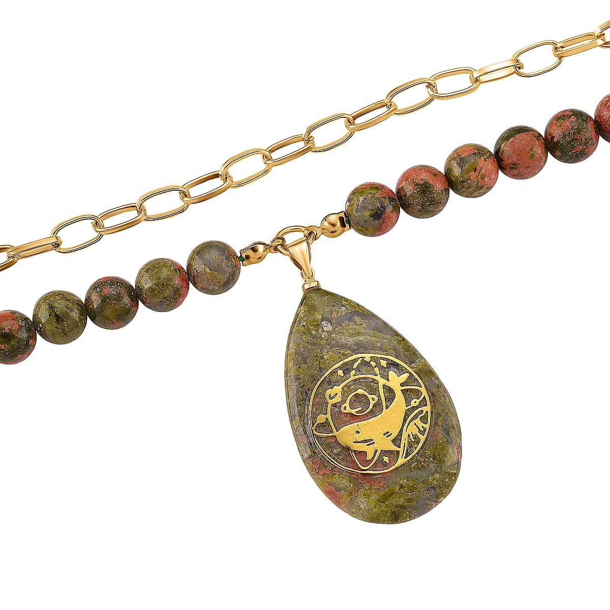 Unakite 250.00 ctw Drop Pendant with Beaded and Paper Clip Chain Necklace (18-20 Inches) in Godltone image number 3
