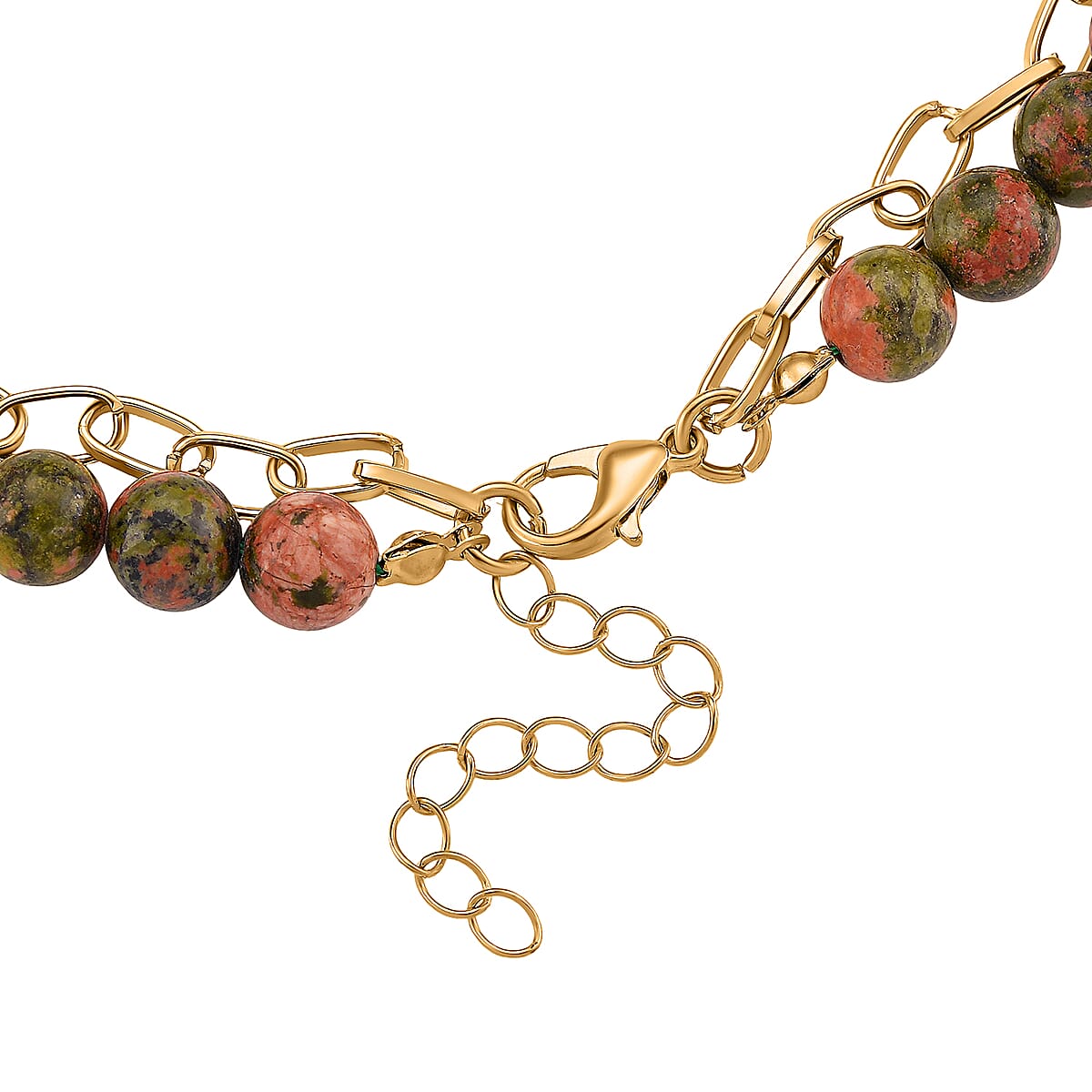 Unakite 250.00 ctw Drop Pendant with Beaded and Paper Clip Chain Necklace (18-20 Inches) in Godltone image number 4