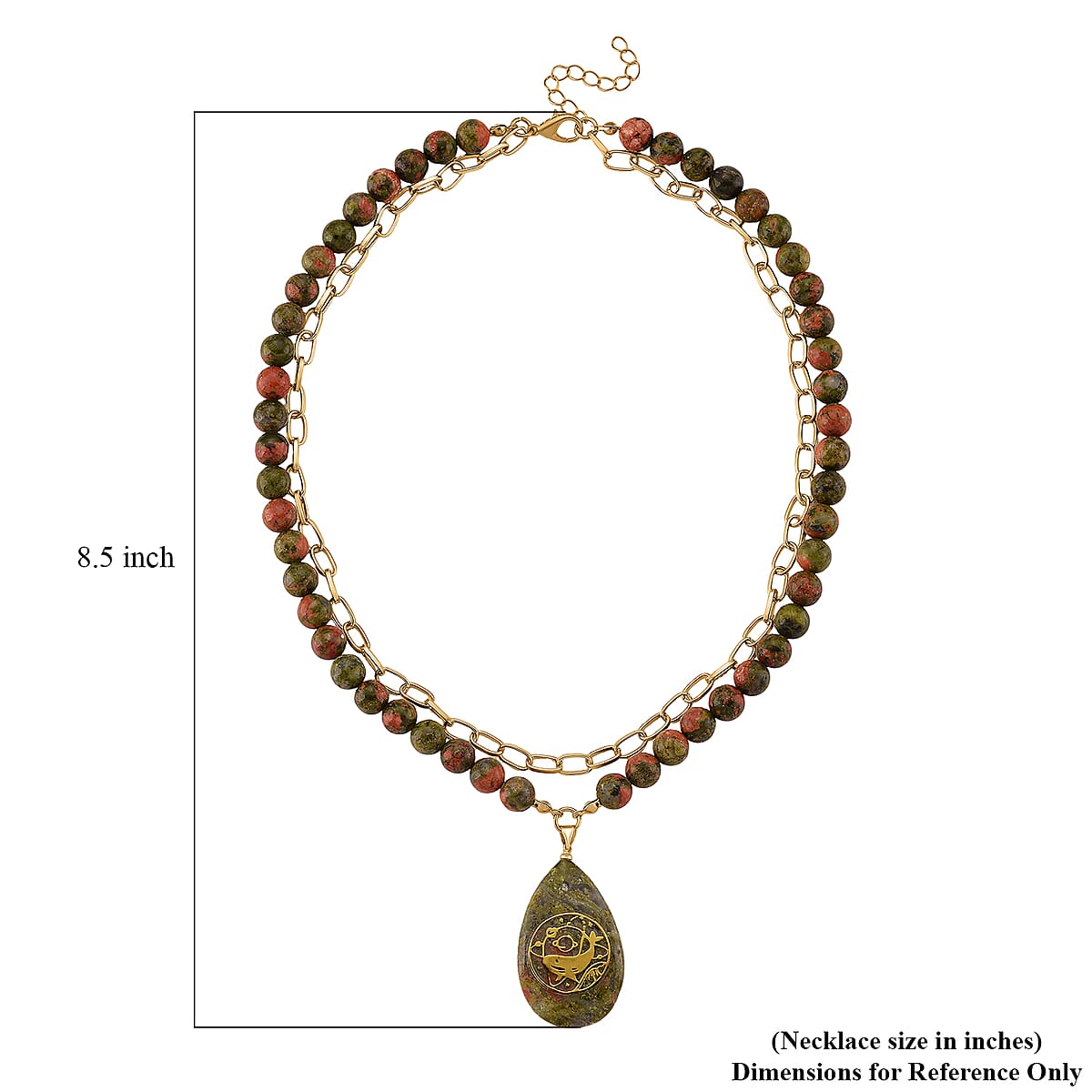 Unakite 250.00 ctw Drop Pendant with Beaded and Paper Clip Chain Necklace (18-20 Inches) in Godltone image number 5