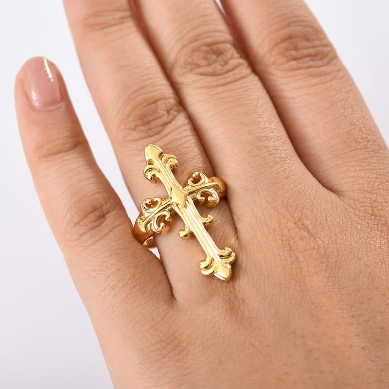 Karis Royal Fleur Cross Men's Ring in 18K YG Plated (Size 10.0)