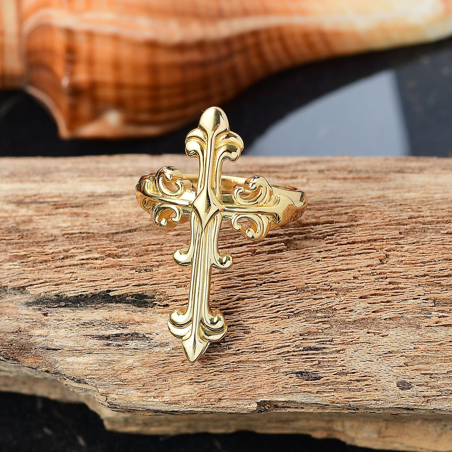 Karis Royal Fleur Cross Men's Ring in 18K YG Plated (Size 12.0)