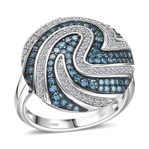 Luxuriant Lab Grown Blue and White Diamond SI 1.00 ctw Sea Wave Ring in Rhodium Over Sterling Silver (Size 10.0)