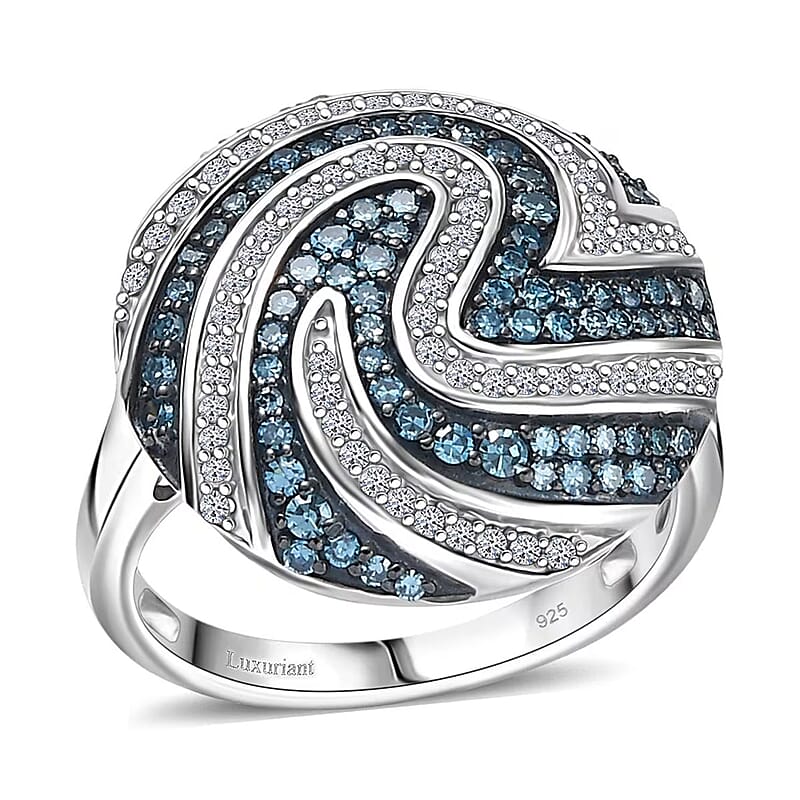 Luxuriant Lab Grown Blue Diamond (IR) SI and Lab Grown Diamond 1.00 ctw Sea Wave Ring in Rhodium Over Sterling Silver (Size 10.0)