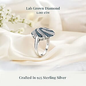 Luxuriant Lab Grown Blue Diamond (IR) SI and Lab Grown Diamond 1.00 ctw Sea Wave Ring in Rhodium Over Sterling Silver (Size 10.0)