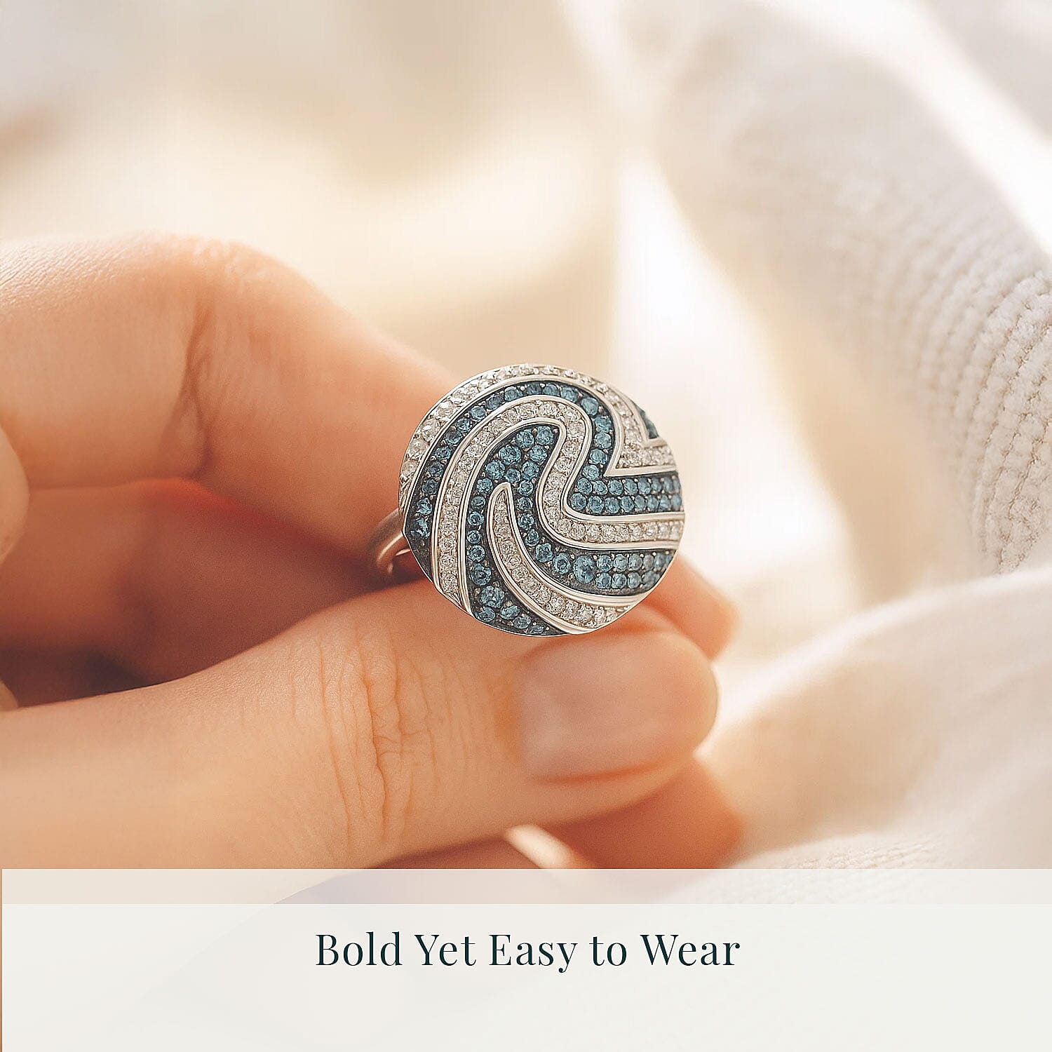 Luxuriant Lab Grown Blue Diamond (IR) SI and Lab Grown Diamond 1.00 ctw Sea Wave Ring in Rhodium Over Sterling Silver (Size 10.0)