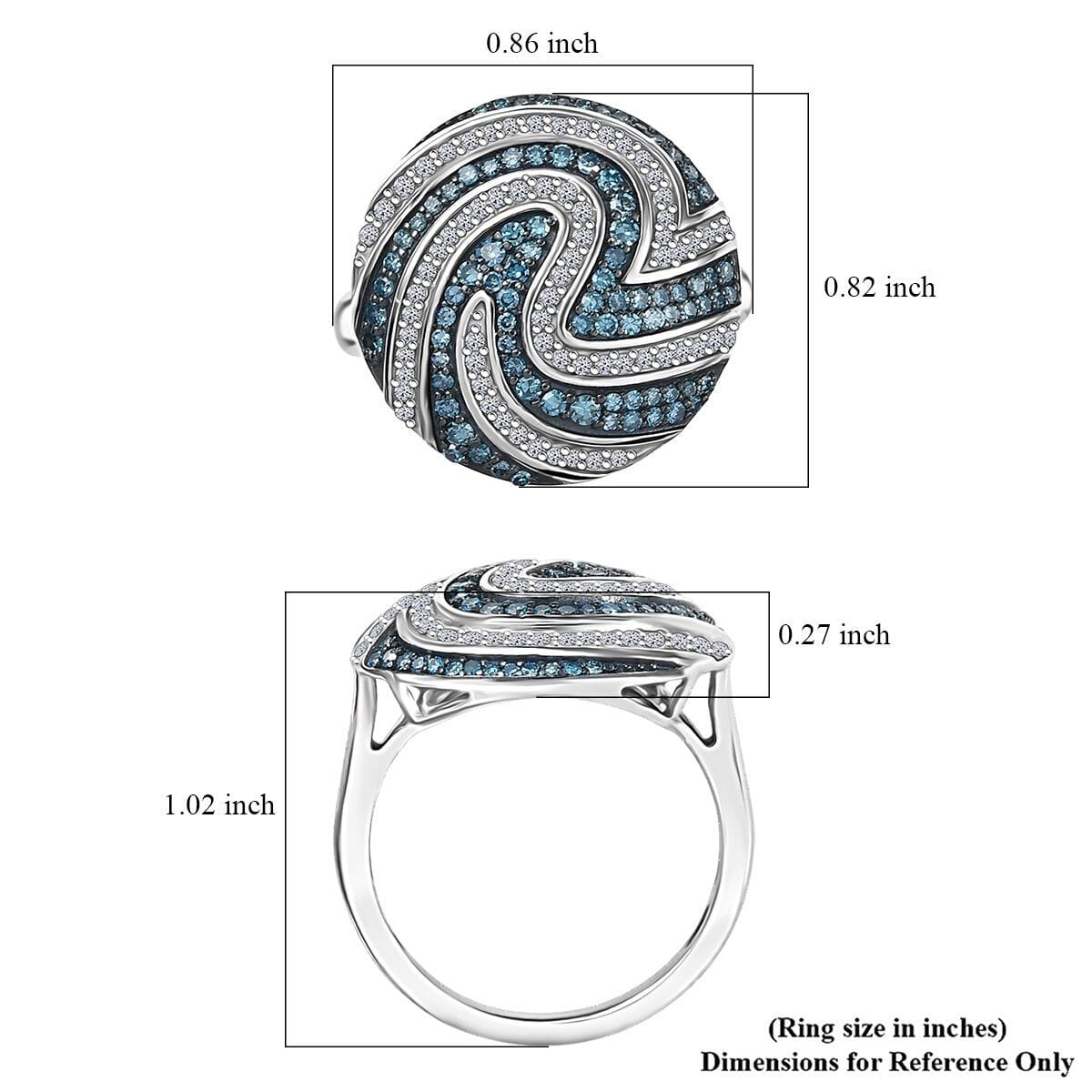 Luxuriant Lab Grown Blue and White Diamond (SI) Sea Wave Ring in Rhodium Over Sterling Silver (Size 10) 1.00 ctw image number 5