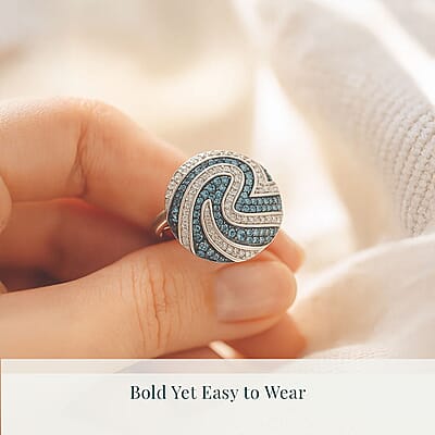 Luxuriant Lab Grown Blue Diamond (IR) SI and Lab Grown Diamond 1.00 ctw Sea Wave Ring in Rhodium Over Sterling Silver (Size 10.0)