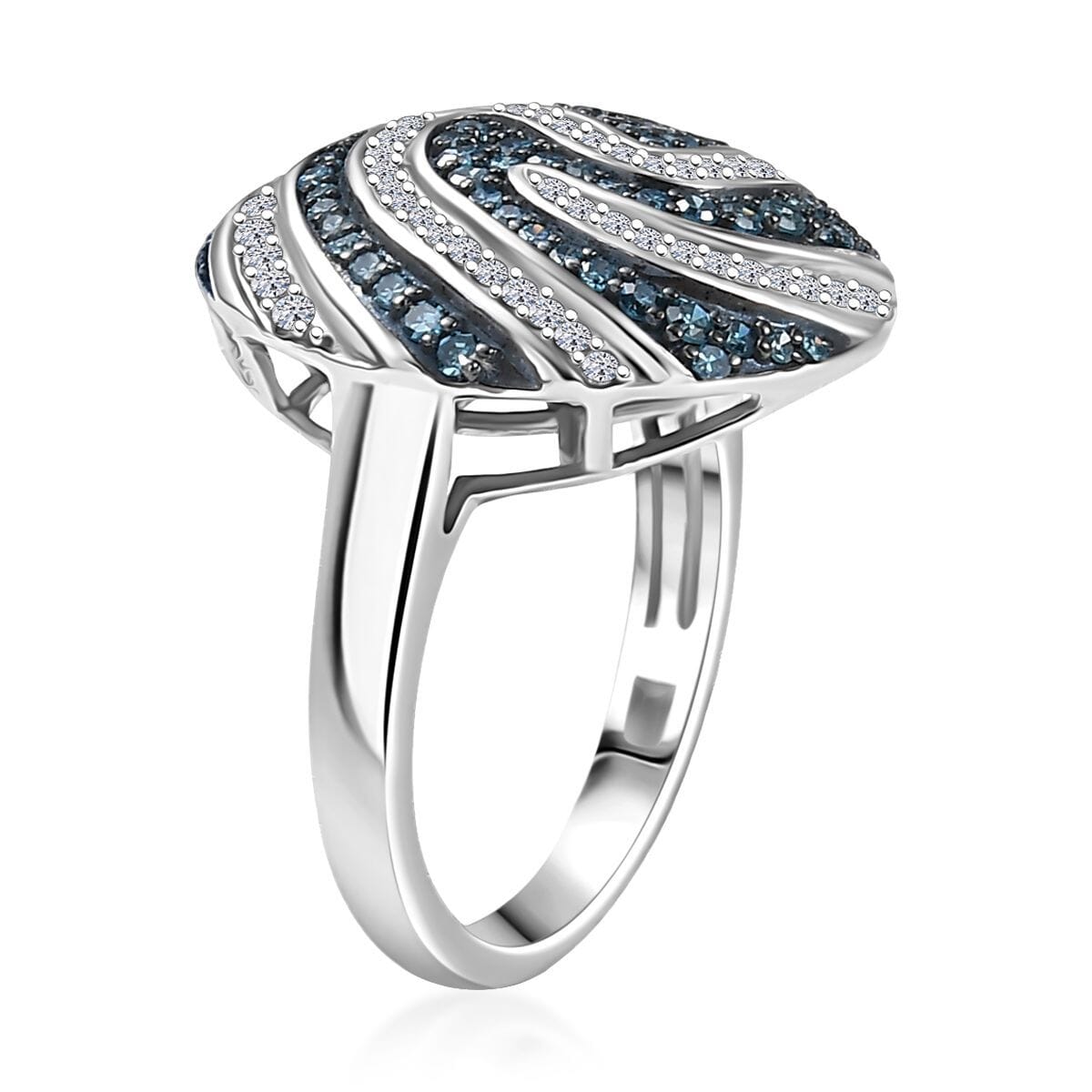 Luxuriant Lab Grown Blue and White Diamond SI 1.00 ctw Sea Wave Ring in Rhodium Over Sterling Silver (Size 7.0) image number 3
