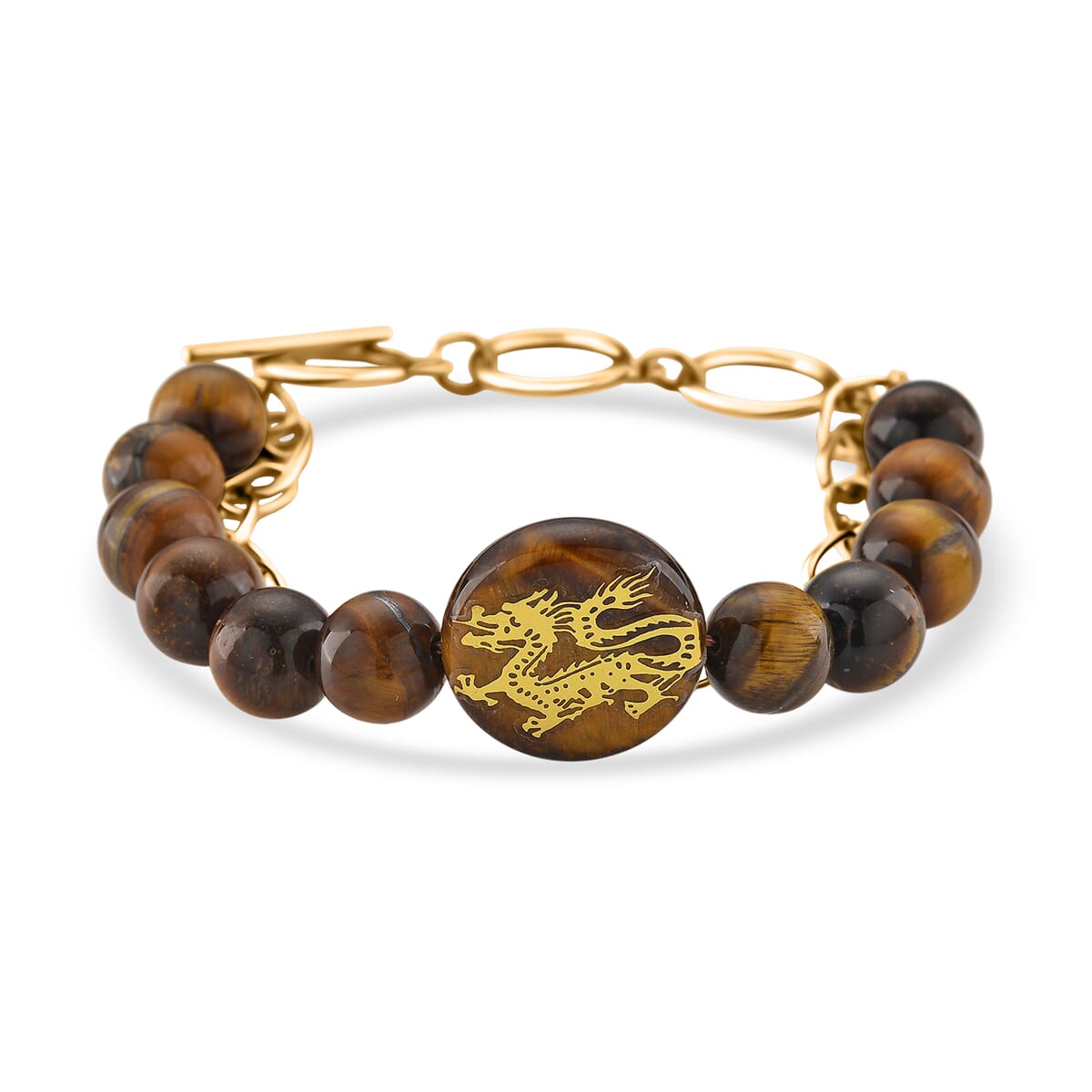 Tigers Eye 140.00 ctw Beaded and Paper Clip Chain Bracelet in Goldtone (6.50-8.50In) image number 0
