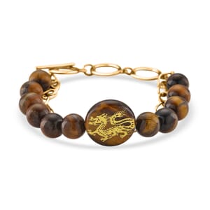 Tigers Eye 140.00 ctw Beaded and Paper Clip Chain Bracelet in Goldtone (6.50-8.50In)