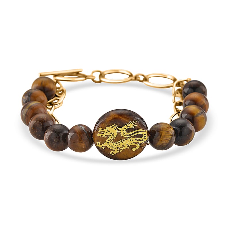 Tigers Eye 140.00 ctw Beaded and Paper Clip Chain Bracelet in Goldtone (6.50-8.50In)