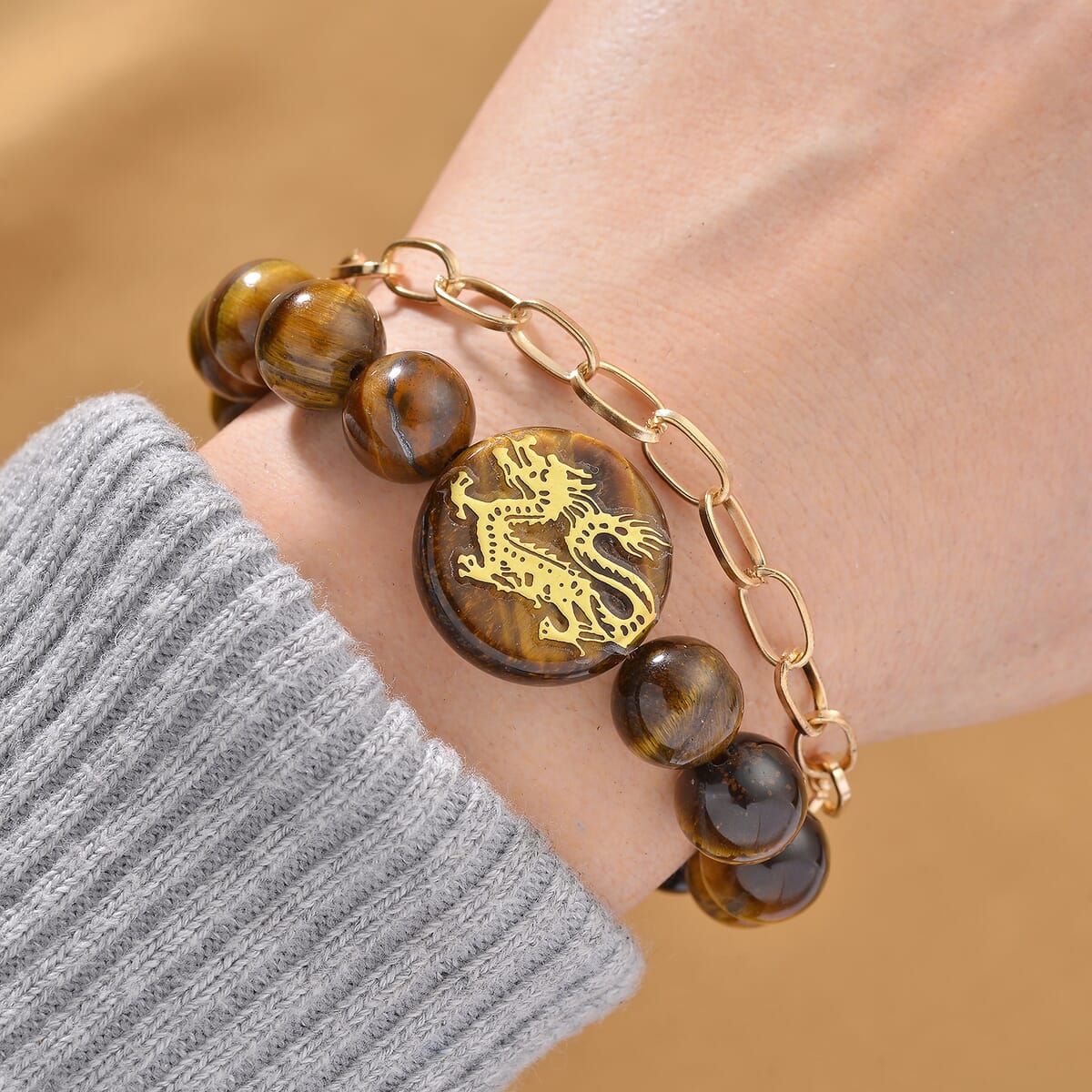 Tigers Eye 140.00 ctw Beaded and Paper Clip Chain Bracelet in Goldtone (6.50-8.50In) image number 1