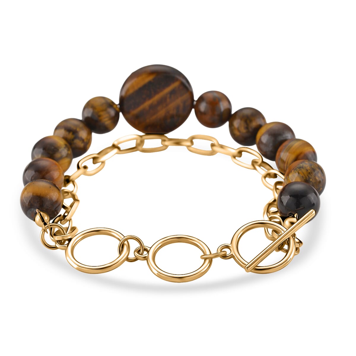 Tigers Eye 140.00 ctw Beaded and Paper Clip Chain Bracelet in Goldtone (6.50-8.50In) image number 2