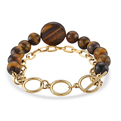 Tigers Eye 140.00 ctw Beaded and Paper Clip Chain Bracelet in Goldtone (6.50-8.50In)