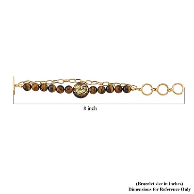 Tigers Eye 140.00 ctw Beaded and Paper Clip Chain Bracelet in Goldtone (6.50-8.50In)