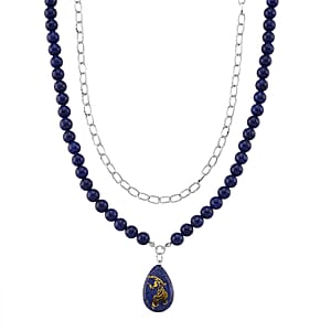 Lapis Lazuli 250.00 ctw Drop Pendant with Beaded and Paper Clip Chain Necklace (18-20 Inches) in Silvertone