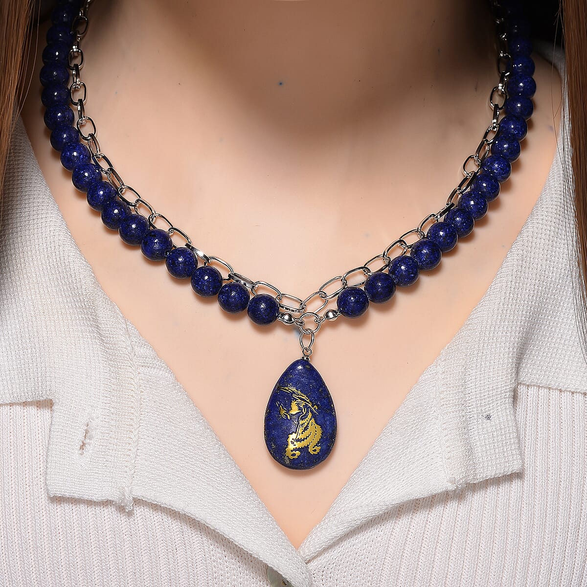 Lapis Lazuli 250.00 ctw Drop Pendant with Beaded and Paper Clip Chain Necklace (18-20 Inches) in Silvertone image number 1