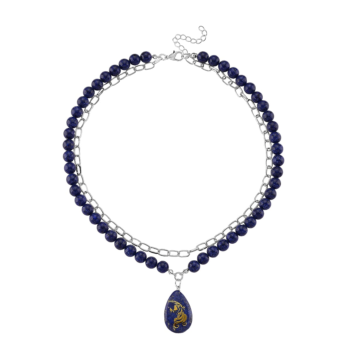 Lapis Lazuli 250.00 ctw Drop Pendant with Beaded and Paper Clip Chain Necklace (18-20 Inches) in Silvertone image number 2