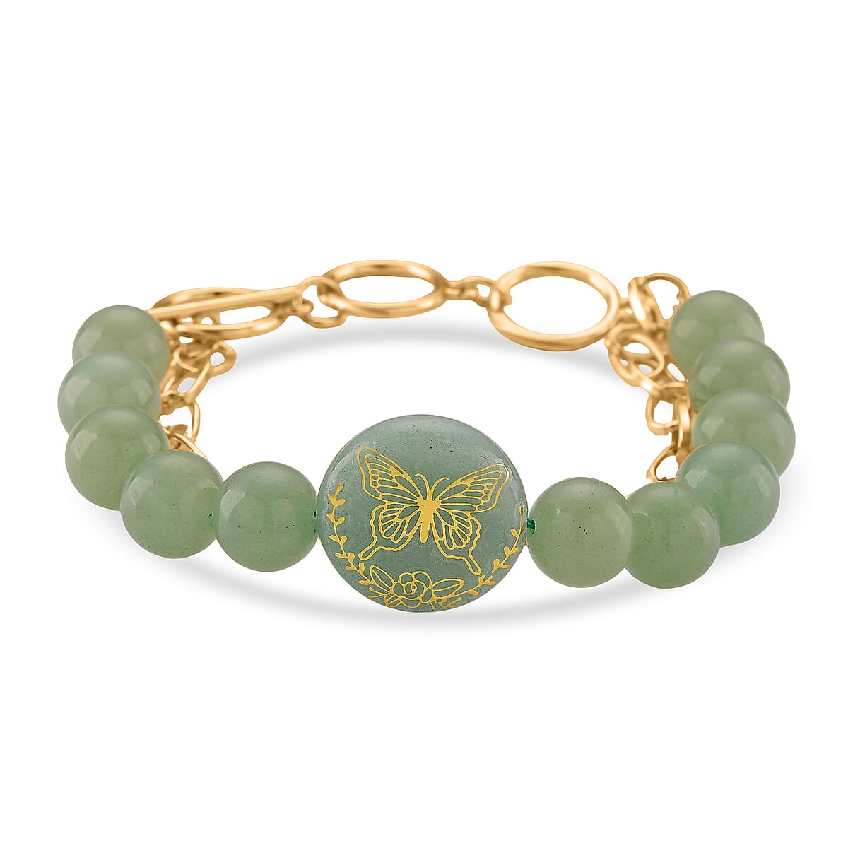 Green Aventurine 140.00 ctw Beaded and Paper Clip Chain Bracelet in Goldtone (6.50-8.50In) image number 0