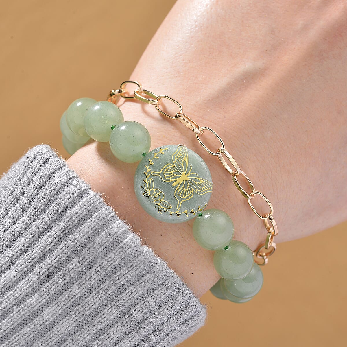 Green Aventurine 140.00 ctw Beaded and Paper Clip Chain Bracelet in Goldtone (6.50-8.50In) image number 1