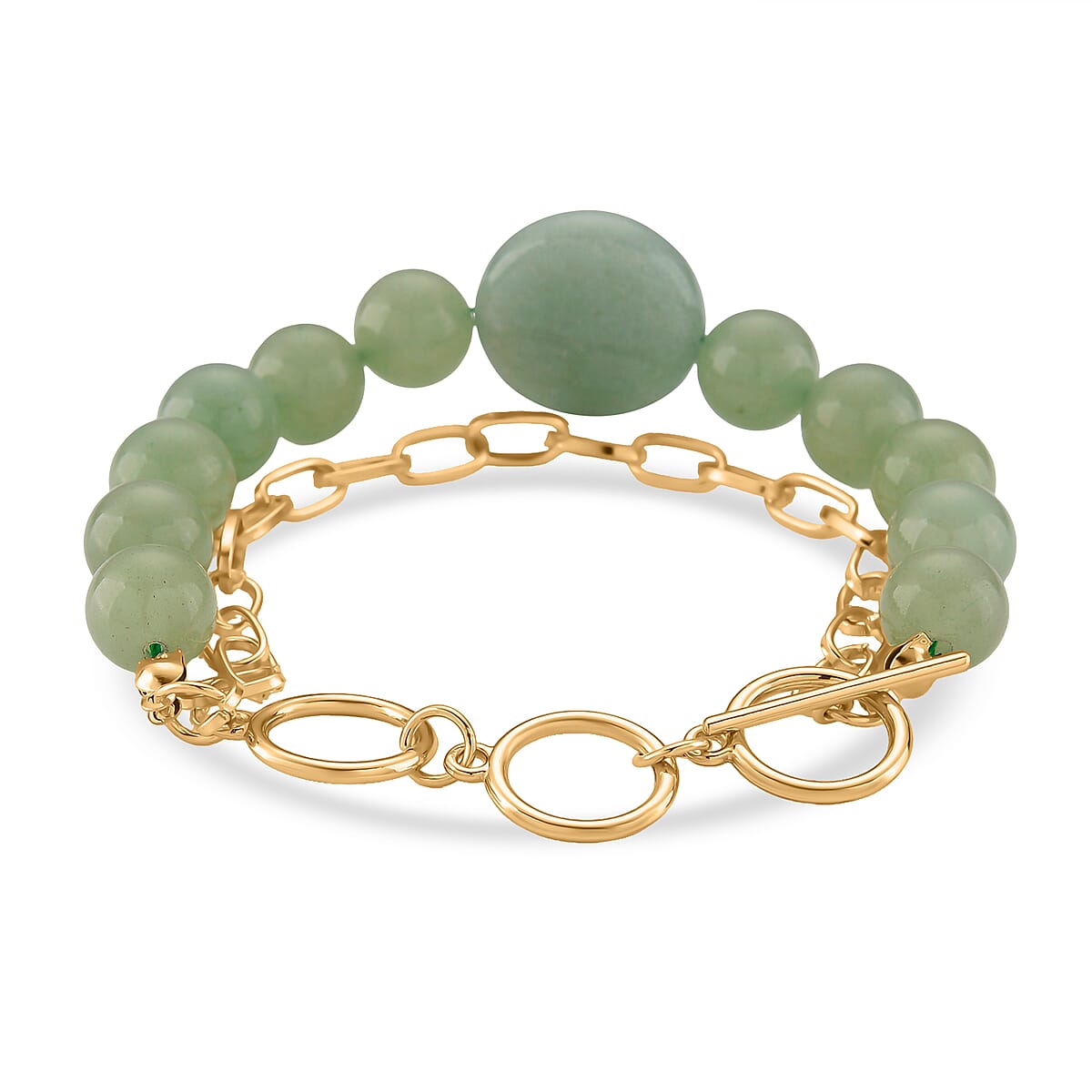 Green Aventurine 140.00 ctw Beaded and Paper Clip Chain Bracelet in Goldtone (6.50-8.50In) image number 2