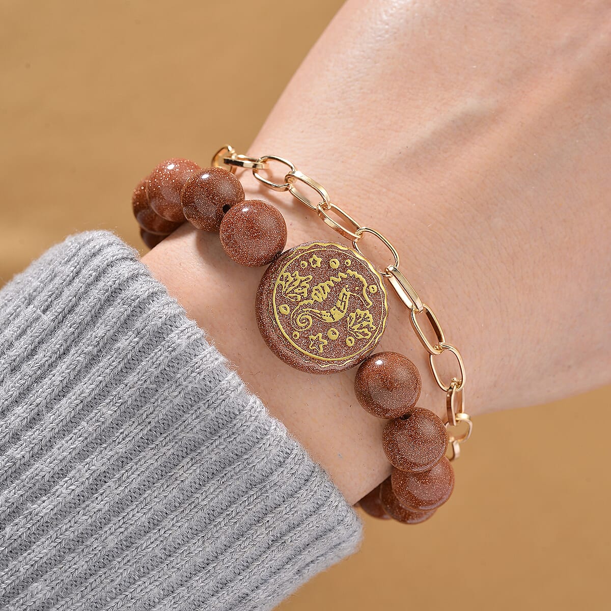 Gold Sandstone 140.00 ctw Beaded and Paper Clip Chain Bracelet in Goldtone (6.50-8.50In) image number 1