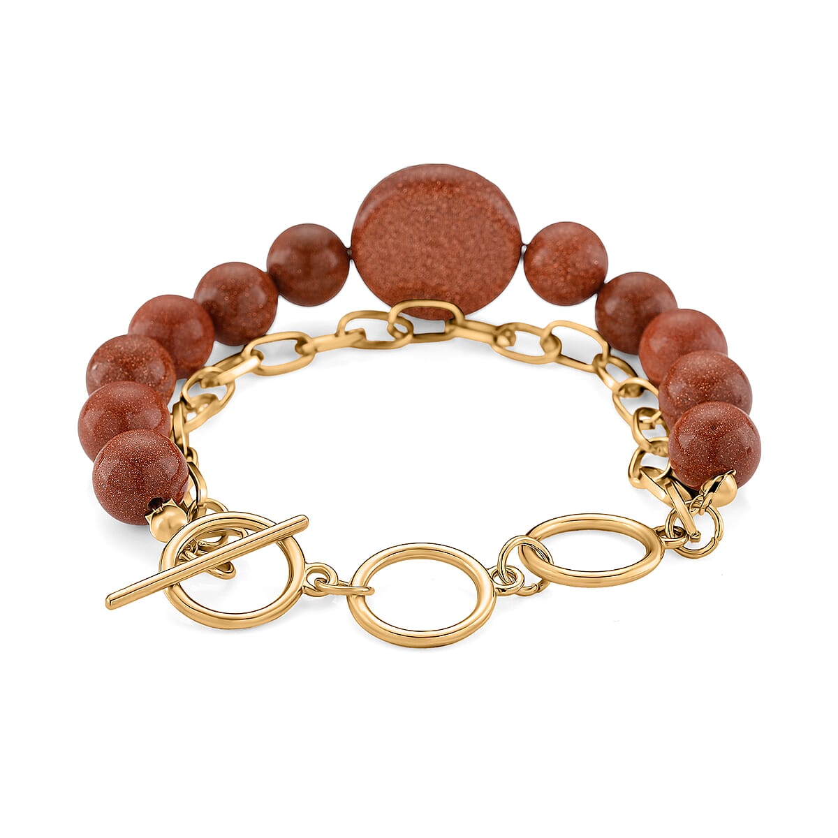 Gold Sandstone 140.00 ctw Beaded and Paper Clip Chain Bracelet in Goldtone (6.50-8.50In) image number 2
